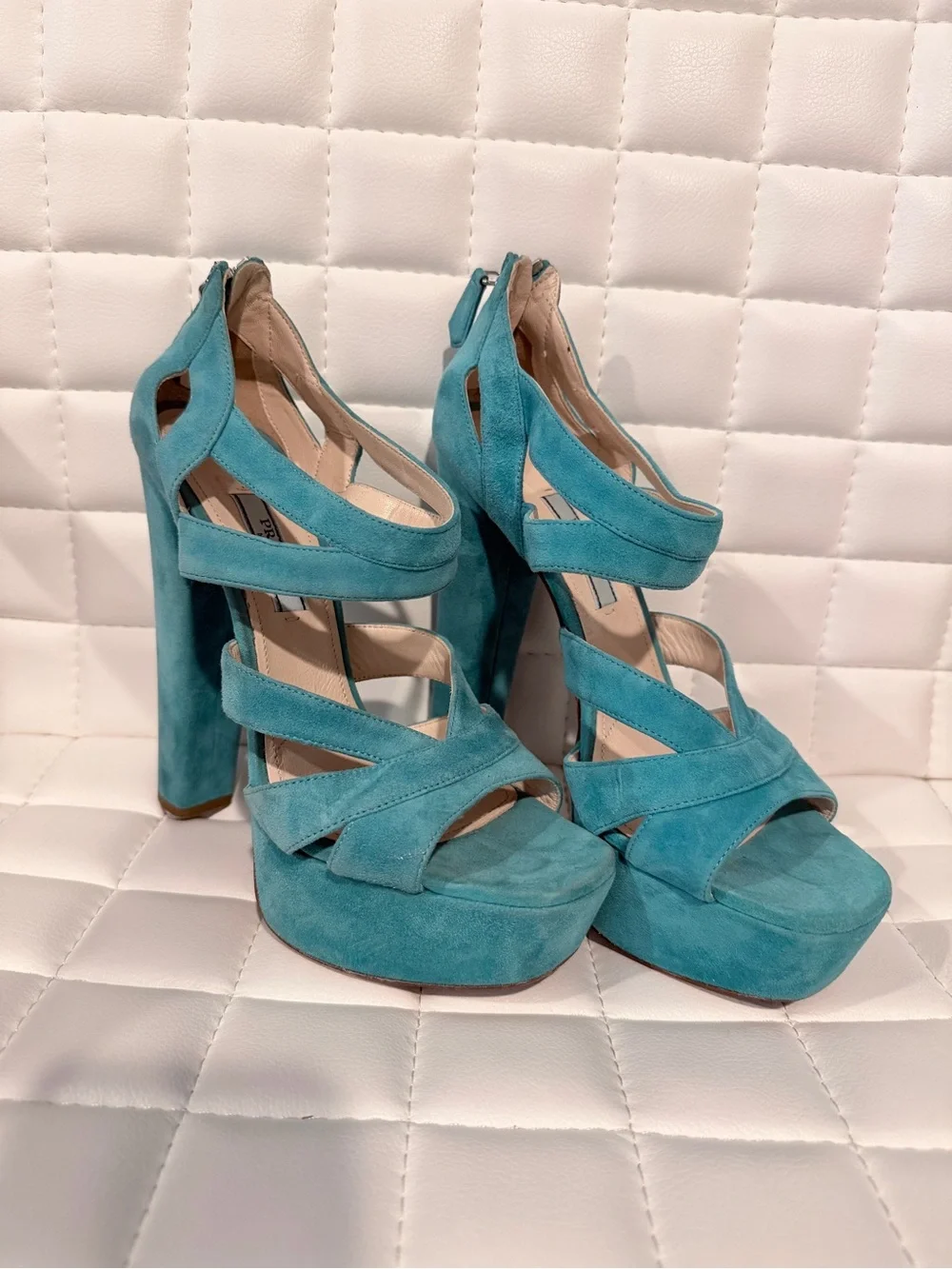 Prada Turquoise Suede Strappy Platform Heels
